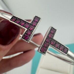 Tiffany & Co. 18k Ruby Tiffany T Square Bracelet Bangle in White Gold
